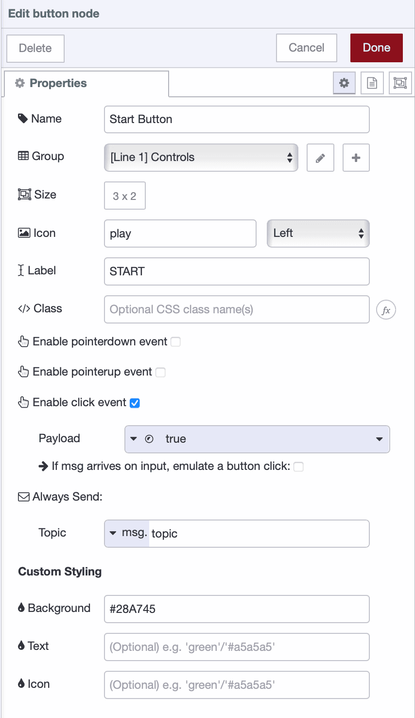 Button node configuration showing Start label, true payload, and green background color